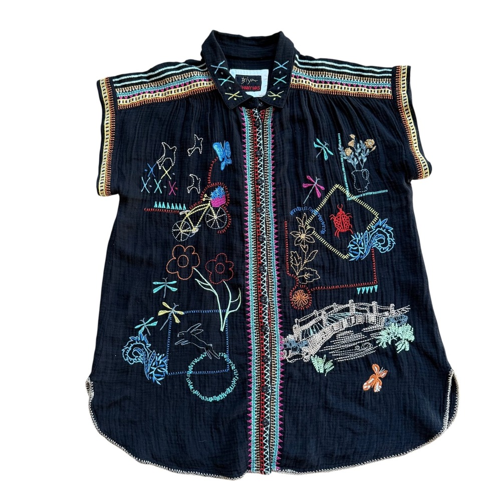 Johnny Was Biya Women's Black Dionne Nutton Embroidered Gauze Blouse‎ Medium
